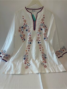 Indigo Embroidered White Cotton Tunic Top - Floral Mirror Detail